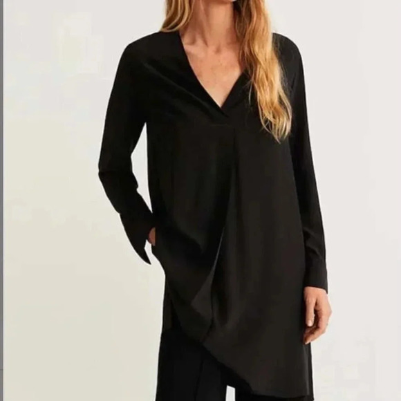 New MANGO MNG Black Made Side-Slit Crossover V-Neck Tunic Top Size XS - Picture 1 of 11